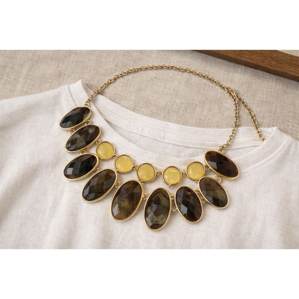Vintage Gold Tone Statement Necklace Brown Marbled Yellow Bib Collar Bold 18-20"